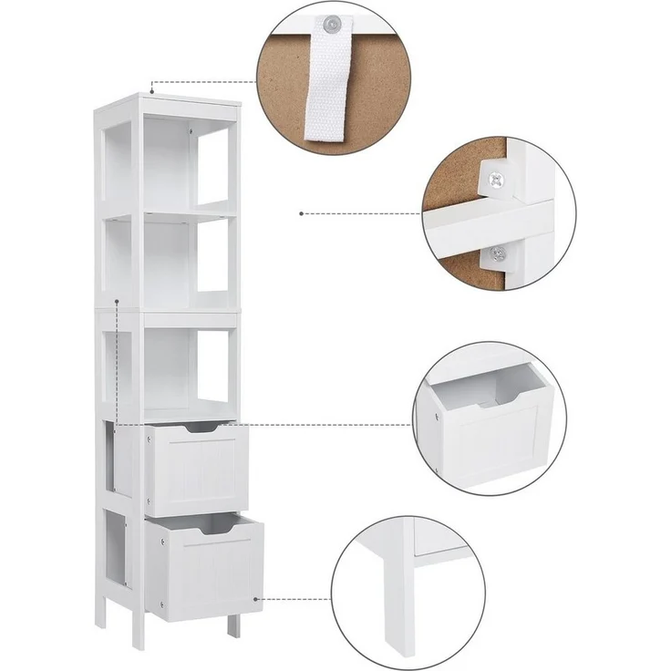 Mondeer Badkommode Badezimmerschrank, Hochschrank, Badschrank, mit 2 Schubladen und 3 offenen Regal – Bild 3