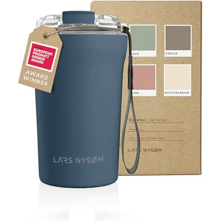 LARS NYSØM Thermo Kaffeebecher to go mit Trageschlaufe & Tritan Deckel | Travel Mug 0,38 Liter mit Isolierung | Auslaufsicherer Edelstahl Thermobecher für Café & Tee (Stone Blue, 380ml) – Bild 1