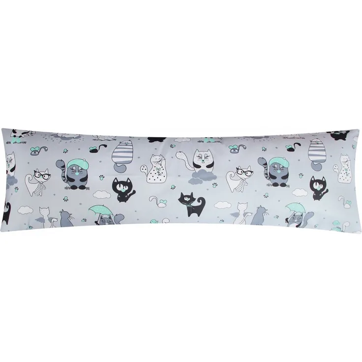 Heubergshop Seitenschläferkissenbezug, (1 Stück), 40x145cm Katzen Grau Grün 100% Baumwolle Kinder (BS Katzen Grün)