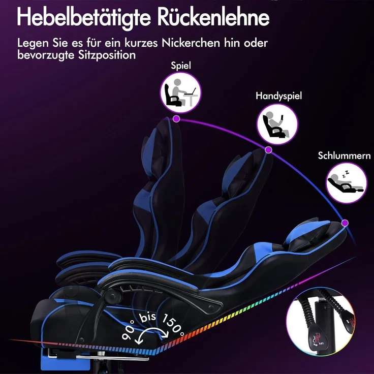 Gaming-Stuhl LED Racing Gamer mit 12-Farben RGB Massage Lordosenstütze Fußstütze – Bild 6