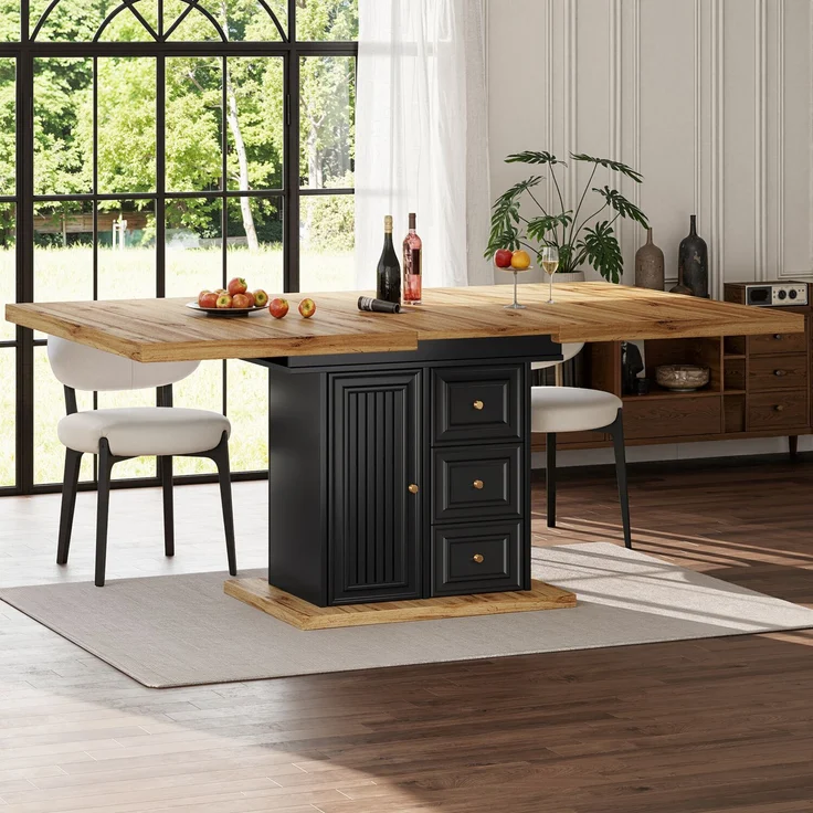 Ausziehbarer Esstisch 110/140x80x75 cm, Holzoptik, mit integriertem Stauraum (Tür, 2 Schubladen, Fach) – Bild 2