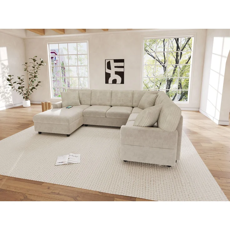 ZUBALIYA Modulare Wohnlandschaft, mit USB-C-Anschluss, H 83 × T 196 × B 249 cm, Beige, Chenille / Cord – Bild 12