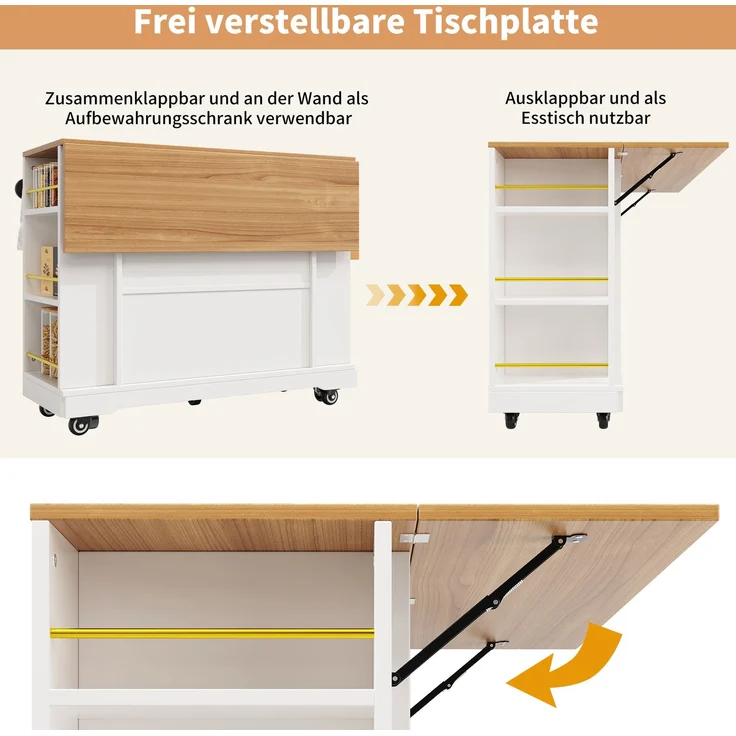 Servierwagen Kücheninsel MDF ausziehbar klappbar 120cm Skandinavisch 3D-Schranktüren Metallgriffe,Weiß – Bild 6