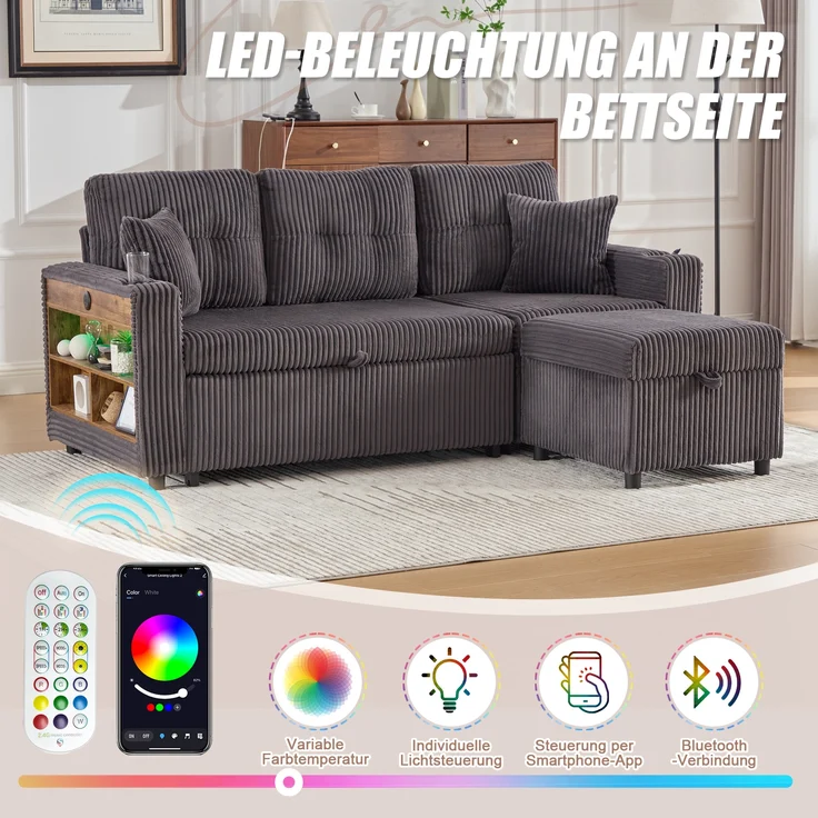 LVHOM Schlafsofa mit LED & USB, Ecksofa mit Ablagefächern, Schublade und Becherhaltern, Schlafcouch aus Cordstoff, frei Kombination, 196x144x85 cm – Bild 6