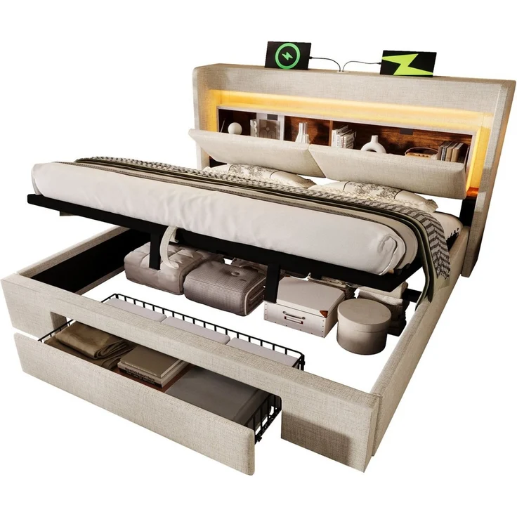 SeedWave Polsterbett LED Stauraumbett mit Leinenbezug, Ladefunktion, 90/140/160/180×200cm, Hydraulisches Bett mit gepolstertem Kopfteil, Rollen-Schublade – Bild 1