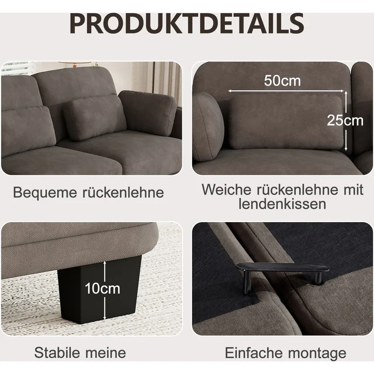 Modulares 3-Sitzer-Sofa 253x88x88 cm in Braun mit Chenillebezug und verschiebbaren Kissen – Bild 7