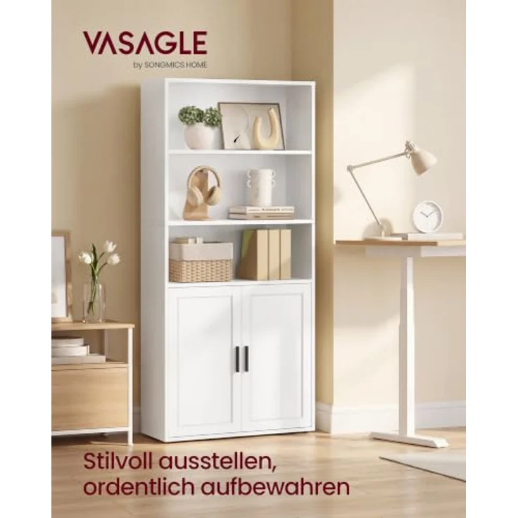 VASAGLE Bücherregal, 5-stöckiges Standregal mit Tür, 60 x 24 x 145.9 cm | Offenes Aufbewahrungsregal, für Wohnzimmer, Homeoffice, Esszimmer, Wolkenweiss, SIREN Kollektion LBC502WB01 – Bild 3