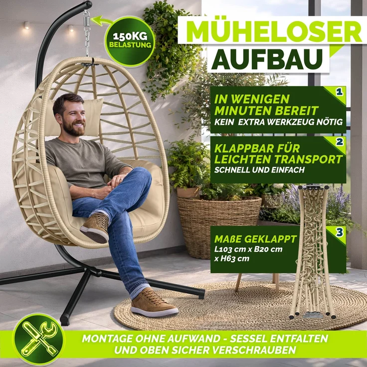 tillvex® Hängesessel mit Gestell Outdoor & wetterfester Abdeckung inkl. Befestigung | Hängekorb klappbar bis 150 kg | Hängesitz aus Rattan | Hängestuhl für Indoor Garten Balkon Terrasse – Bild 9
