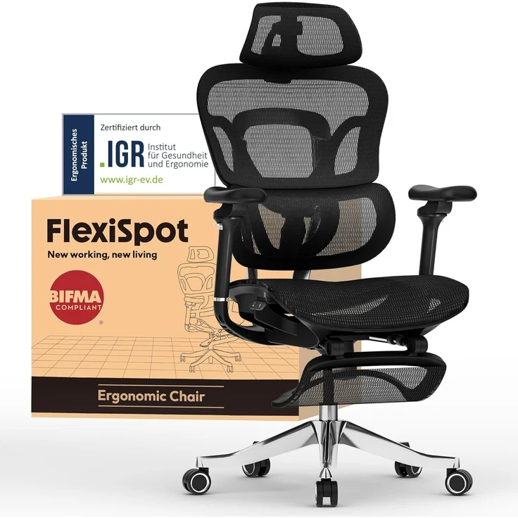 FLEXISPOT Ergonomischer Stuhl bis 300 kg, mit Fußstütze 4D Kopfstütze & 5D Armlehnen,Einteiliger Rücken- & Lendenstütze Bürostuhl für Büro und Gaming, ErgoX Max, Schwarz