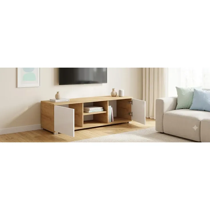 Sleepyshop24 Fernsehtisch 120 cm Breite | TV-Board in Hikora + Weiss | Kompaktes TV-Möbel mit Stauraum & silbernen Füßen, für moderne Wohnzimmer – Bild 2