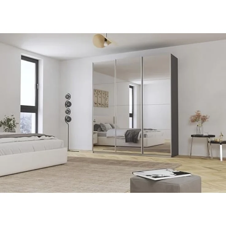 Rauch Möbel Kulmbach, Kleiderschrank mit Schwebetüren für Schlafzimmer, Kinderzimmer, Jugendzimmer, Garderobe, Flur, 3-türig, mit Spiegel, Zubehör Classic, Farbe Grau metallic, Schwarz, Breite 203 cm – Bild 2