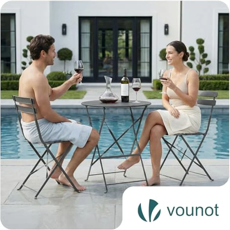 VOUNOT® Bistroset 3-teilig, Klappbar Bistrotisch mit 2 Stühlen, Metall Bistro Set Outdoor, Gartenmöbel Set, Sitzgruppe für Balkon, Terrasse, Garten & Wohnraum, UV- und wetterfest, Grau – Bild 6