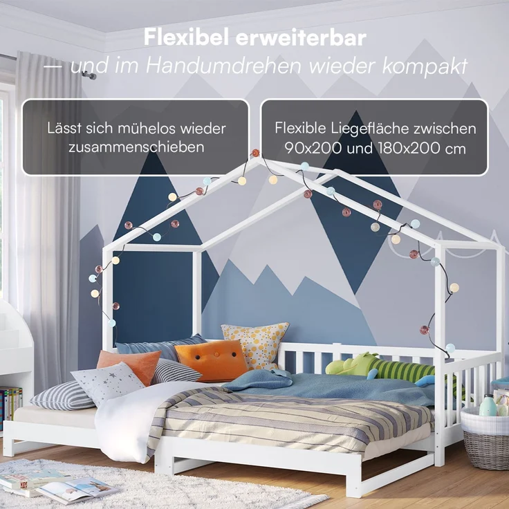 Bellabino 'Bia' Hausbett 90x200 cm/180x200 cm mit 2x 90x200 cm Matratze, weiß, Kiefer Massivholz, Bodenbett in Hausoptik, ausziehbares Kinderbett mit Lattenrost – Bild 4