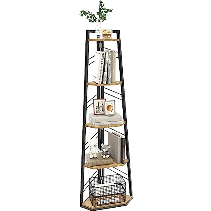 YITAHOME 5-Stöckiges Eck-Bücherregal - Industrielles Freistehendes Leiter-Bücherregal, Modernes Offenes Holzregal für Wohnzimmer, Diele, Home Office, Eiche – Bild 7
