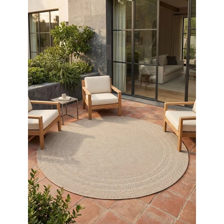 KADIMA DESIGN Teppich Outdoor Teppich VENTOUX Bordüre Flachgewebe Balkon Küche Rund, Rund, Höhe: 5 mm, Beige, 80x80 cm, Outdoor Balkonteppich Terrasse Pflegeleicht Robust – Bild 2