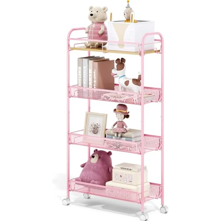 KINGRACK 4-Stufen Schmaler Küchenwagen mit Rollen Mit Holzplatte & Schiebe-Körben, Rollwagen Metall Für Enge Räume In Küche, Badezimmer, Wohnheim & Schlafzimmer, Rosa – Bild 2