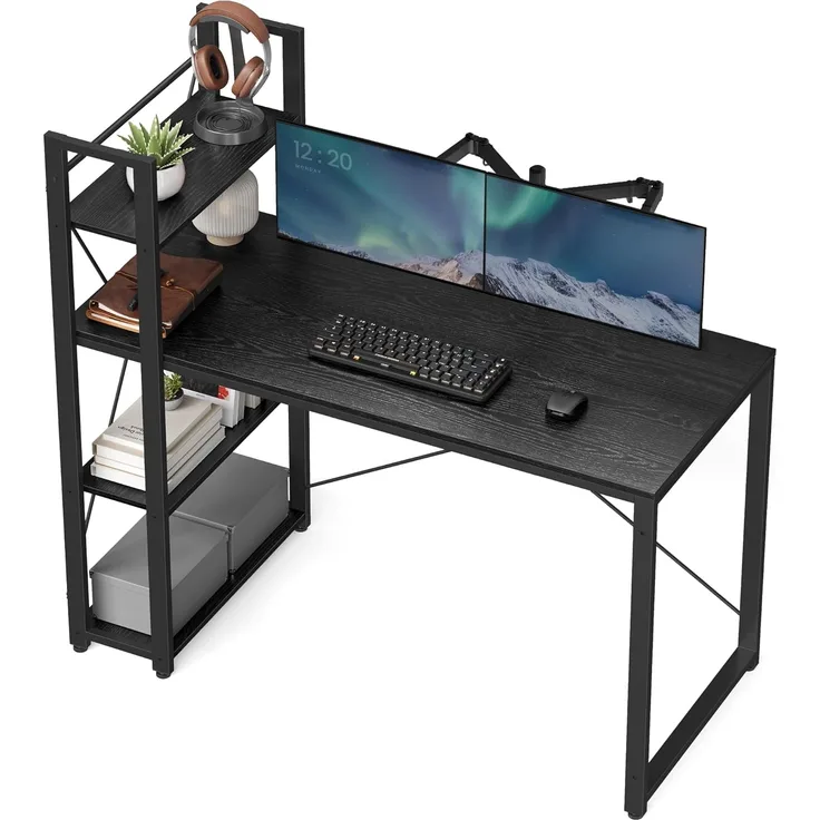 Vasagle Schreibtisch, mit Regalböden rechts oder links, Industrie-Design, schwarz, 56 x 120 x 120 cm