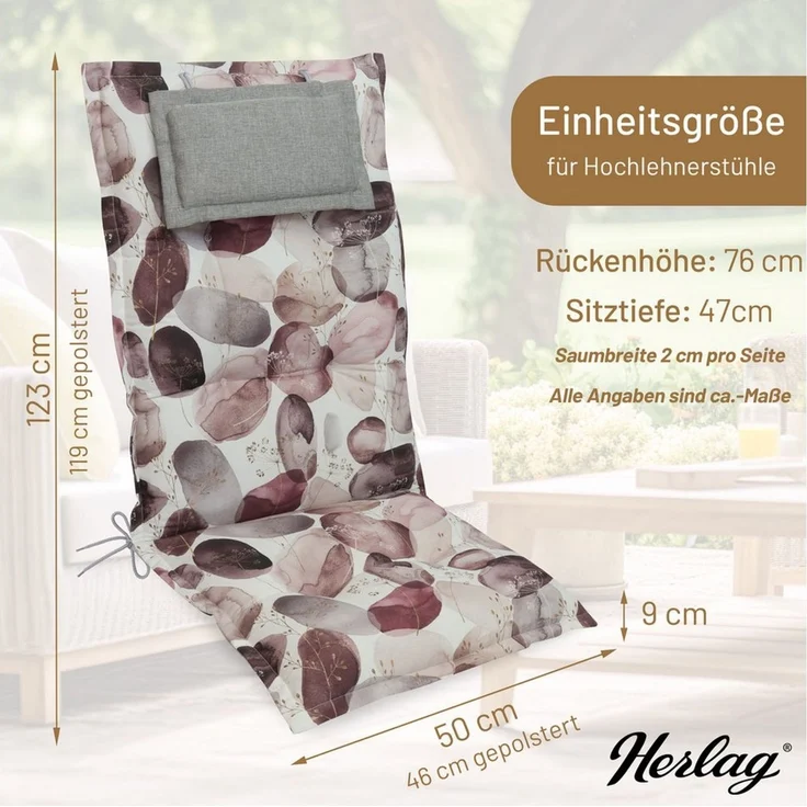 Herlag Hochlehnerauflage Ava Gartenstuhlauflage Hochlehner, abnehmbares Kopfpolster, 123x50x9cm, Gartenmöbelauflage 123x50x9cm, Kopfpolster – Bild 3