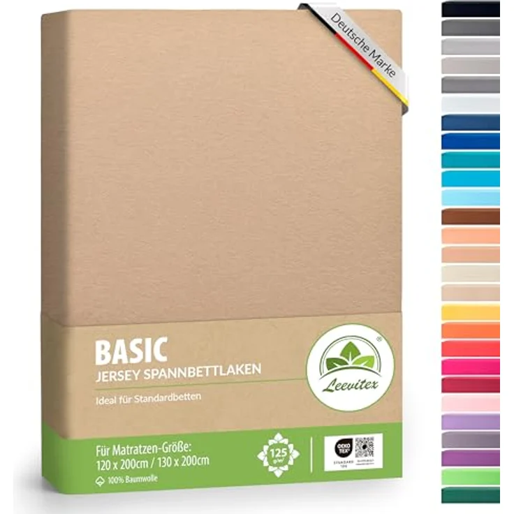 leevitex® Spannbettlaken 120x200 cm - 130x200 cm | Spannbetttuch Bettlaken | 100% Jersey Baumwolle | Matratzenhöhe bis 25 cm | Ökotex | Sand/Cappuccino – Bild 2