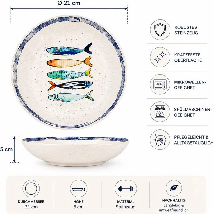 WestCraft Speiseteller Teller, mediterran mit Sardinen-Motiv, Maritime Suppenteller 21 cm, (4 St), 4er Set, hochwertig und robust - langlebig und vielseitig einsetzbar – Bild 3