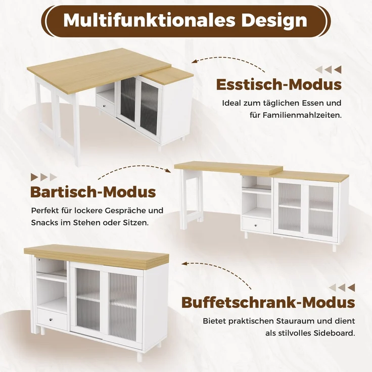 U-life Ausziehbarer, Moderner beweglicher Esstisch, Glastürpaneel, 360 drehbar, Produktfunktion, MDF, Weiß – Bild 8