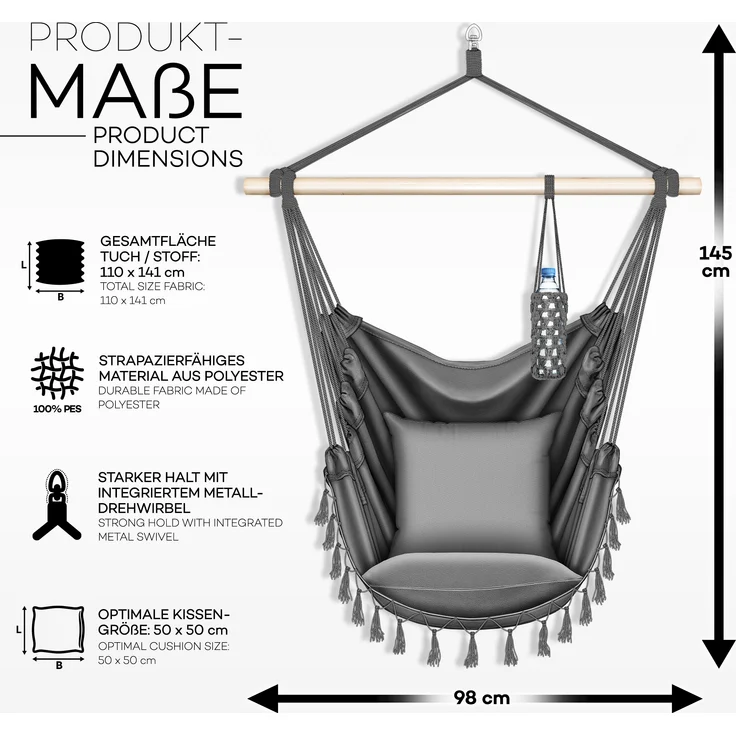 tillvex Hängesessel Anthrazit 2 Kissen zum Aufhängen | Hängestuhl mit Getränkehalter & Bücherfach | Hängesitz wetterfest - Indoor & Outdoor | Hängekorb mit Tragetasche für Erwachsene & Kinder – Bild 5