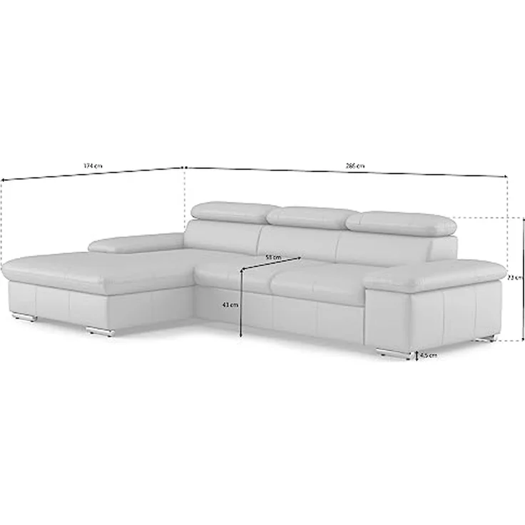 CAVADORE Echtleder-Eckcouch Valerie mit XL-Longchair / Ecksofa mit Kopfteilverstellung, großem Longchair + Metallfüßen / 286 x 73 x 174 / Leder Schwarz – Bild 3