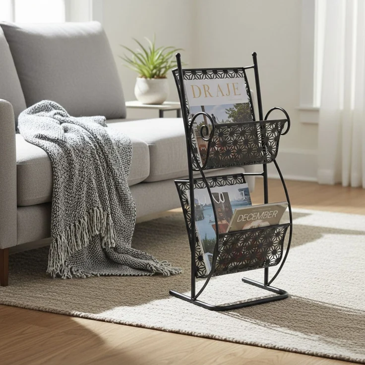 Haku Zeitungsständer aus Metall in schwarz, mit 2 Ablagen, Art-Deco-Stil, freistehend, montiert geliefert, 31x27x80 cm – Bild 3