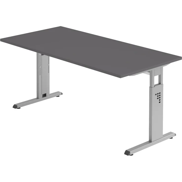 bümö höhenverstellbarer Schreibtisch O-Serie 160x80 cm in Graphit, Gestell in Silber - PC Tisch für's Büro manuell höhenverstellbar, Computertisch verstellbar, OS-16-G-S