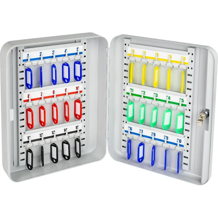 HMF Schlüsselkasten Schlüsselkasten abschließbar Schlüsselschrank (inkl. Schlüsselanhänger), mit verstellbaren Hakenleisten, 30 x 24 x 7,5 cm, Lichtgrau