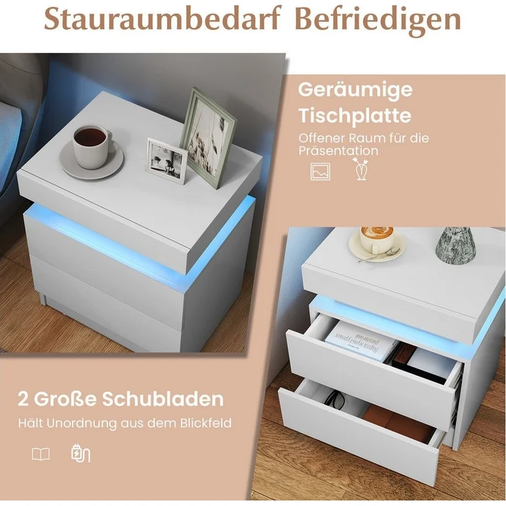 COSTWAY Nachttisch (1-St), LED, mit 2 Schubladen&Fernbedienung, weiß – Bild 3