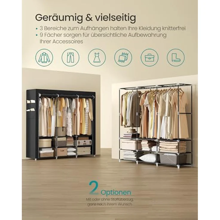 Stoffschrank, Kleiderschrank, geräumig, 45 x 188 x 176 cm, 3 Hängefächer, Ablagen, 4 Seitentaschen, für Schlafzimmer, Wohnzimmer – Bild 5