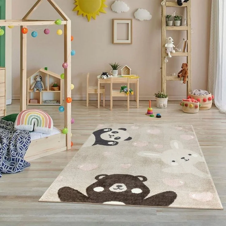 Jimri Teppich Kinderzimmer - Teppiche für Kinderzimmer, Kinderteppich, Kinderteppich Mädchen, Bär, Hase, Panda, Herz, (Beige, Größe: 160x230 cm) – Bild 4