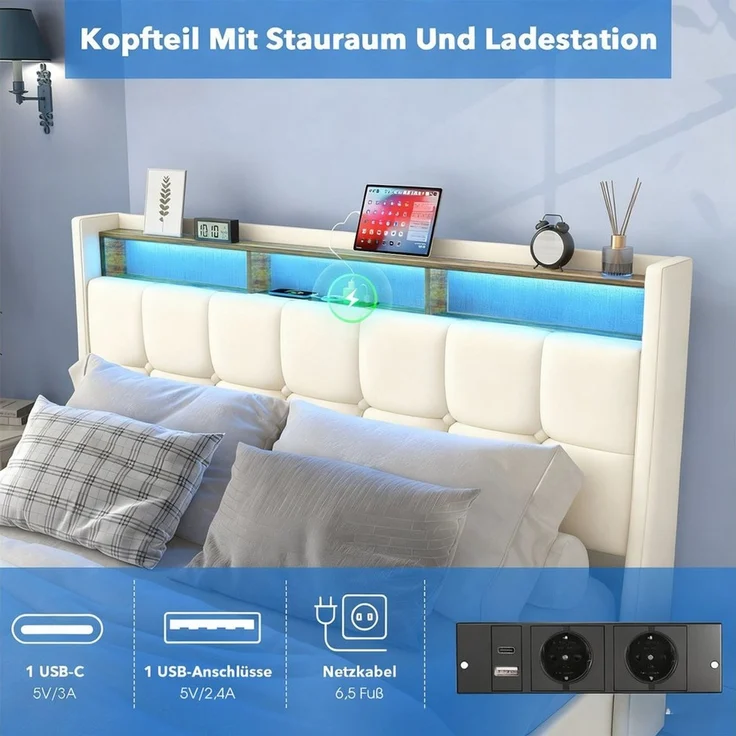 oyajia Polsterbett Doppelbett mit LED Licht 140x200cm,Hydraulisch anhebbarer Stauraumbett (Mit Lattenrost und Ladefunktion, Leinenmaterial Polsterbettt), Modernes Jugendbett, Leises Design Bett, Max. Belastbarkeit 350 kg – Bild 2