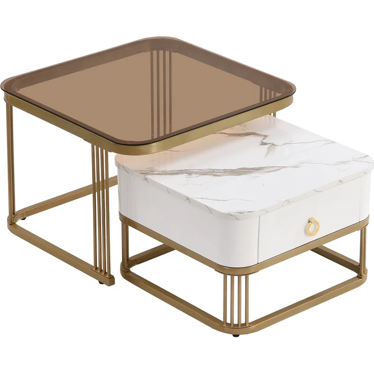 Merax Couchtisch Set Marmoroptik mit Schublade, Beistelltisch hochglanz, Satztisch mit Glasplatte,Wohnzimmertisch, Gold | Weiß – Bild 10