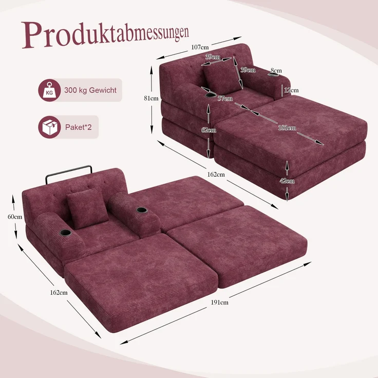 ZUBALIYA Schlafsofa 162x81 cm, mit Stauraum, mit Samtbezug, mit Cordbezug, mit Knopfheftung, mit breiten Armlehnen, Rot – Bild 2