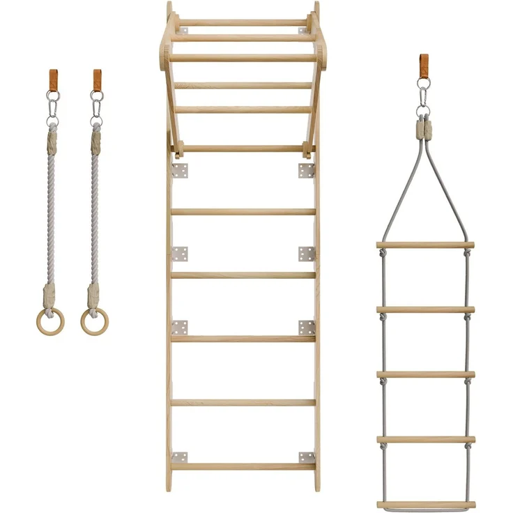 Juskys Sprossenwand für Kinder - mit Klimmzugstange, Indoor Klettergerüst mit Turnringen und Strickleiter, Kletterwand fürs Kinderzimmer, Turnstange – Bild 7