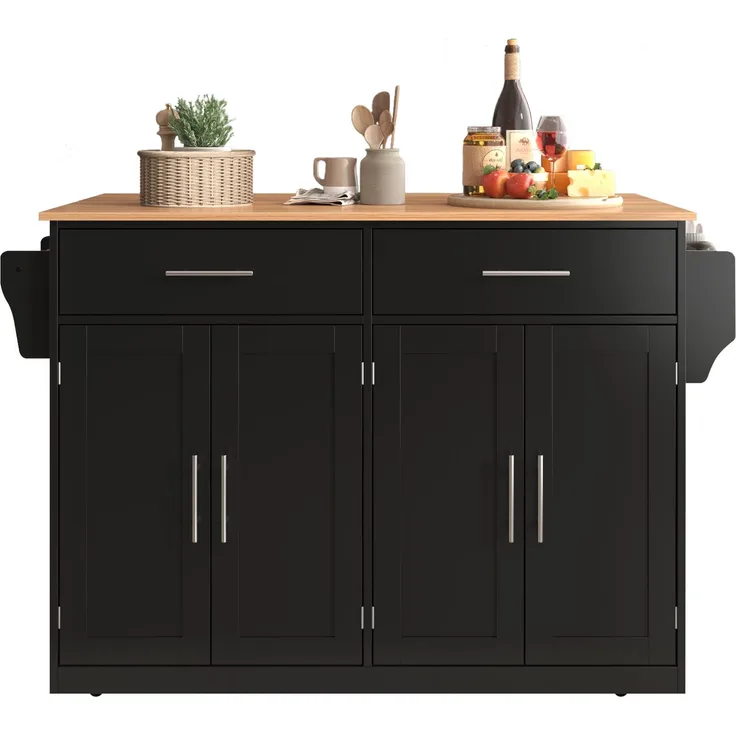 Servierwagen 120x46x91 cm mit klappbarer Tischplatte, Rollen und austauschbaren Holzfüßen, Kücheninsel und Sideboard, Schwarz & Natur