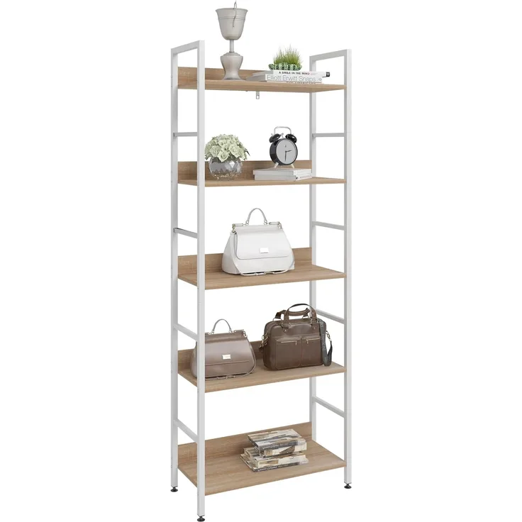 WOLTU Standregal Hochregal Bücherregal Metallregal Schuhregal Badregal Blumentreppe aus Holz und Stahl, mit 5 Ablagen, ca. 60 x 27,5 x 160 cm, Weiß + Hell Eiche RGB9303hei