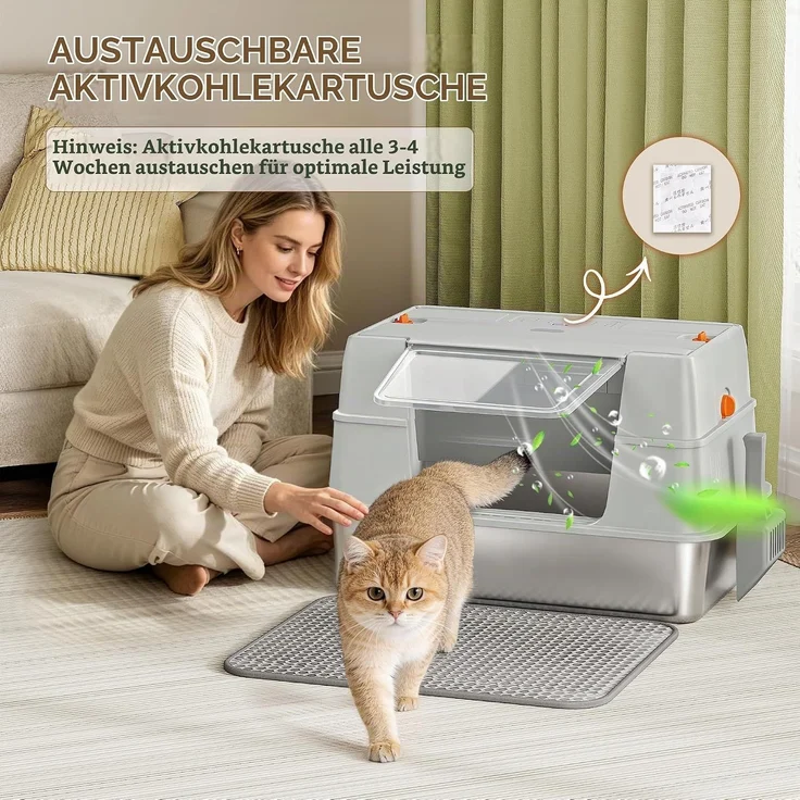 Edelstahl Katzenklo mit Deckel XL, 58 x 37 x 36,5 cm, Hellgrau, Geschlossene Metall Katzentoilette, 100° klappbarer Deckel, mit Streu-Siebmatte und Schaufel, Modulares Design – Bild 8