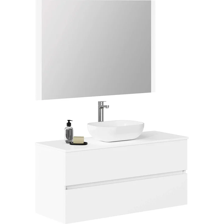 Baikal Onyx Badmöbel montiert, Möbel mit 2 Schubladen, Badezimmermöbel mit Waschbecken, Hängeschrank, Wandschrank, Keramikwaschbecken, inkl. Spiegel, 120 cm, Weiß – Bild 1