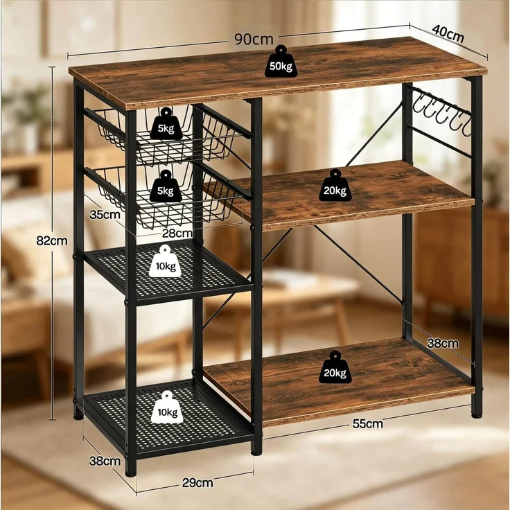 DESVIAE Regal mit Arbeitsplatte und Drahtkörben 90x82x40 cm Metall und Spanplatte Schwarz-Braun – Bild 8