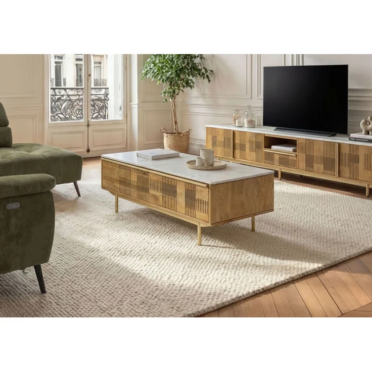 Couchtisch Mango 120x60x45 hellbraun geölt / Marmor weiß MIAMI #110 – Bild 2