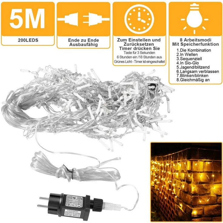 SERBASIC Lichterkette LED Eisregen Lichterkette, Erweiterbare Lichtervorhang mit Timer, 5M/10M/15M, Timer, 8 Modi, für Weihnachtsdeko Traufe Garten Balkon – Bild 3