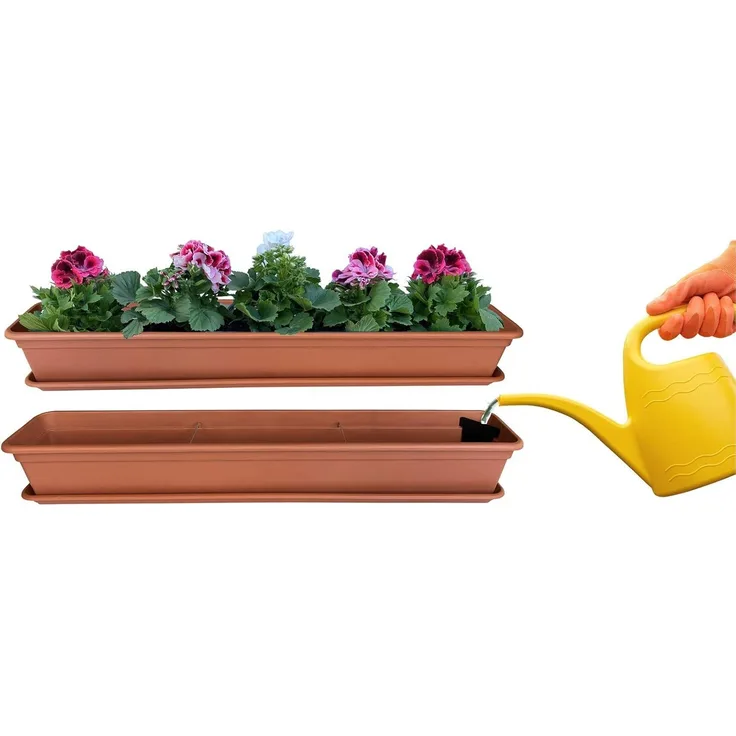 Blumenkasten Balkonkasten Pflanzkasten Terracotta mit Bewässerungssystem und Balkonkasten Untersetzer 100cm