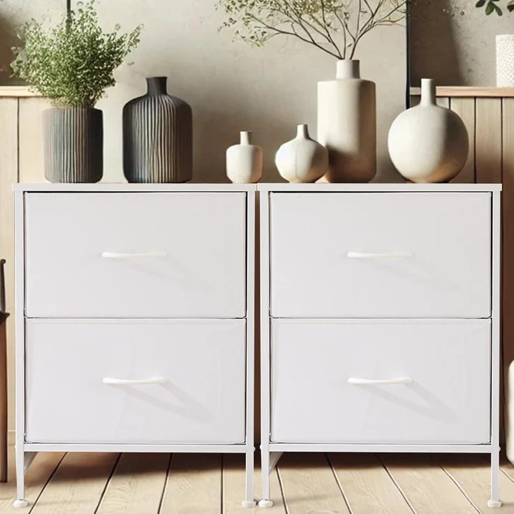 DUMOS Kommode für Schlafzimmer mit 2 Stoffschubladen, hohe Kommode Organizer für Kleidung, Schrank Kinderzimmer, Aufbewahrungsturm mit Schrank, Metallrahmen, Holzplatte, leichte Kinderzimmermöbel – Bild 1