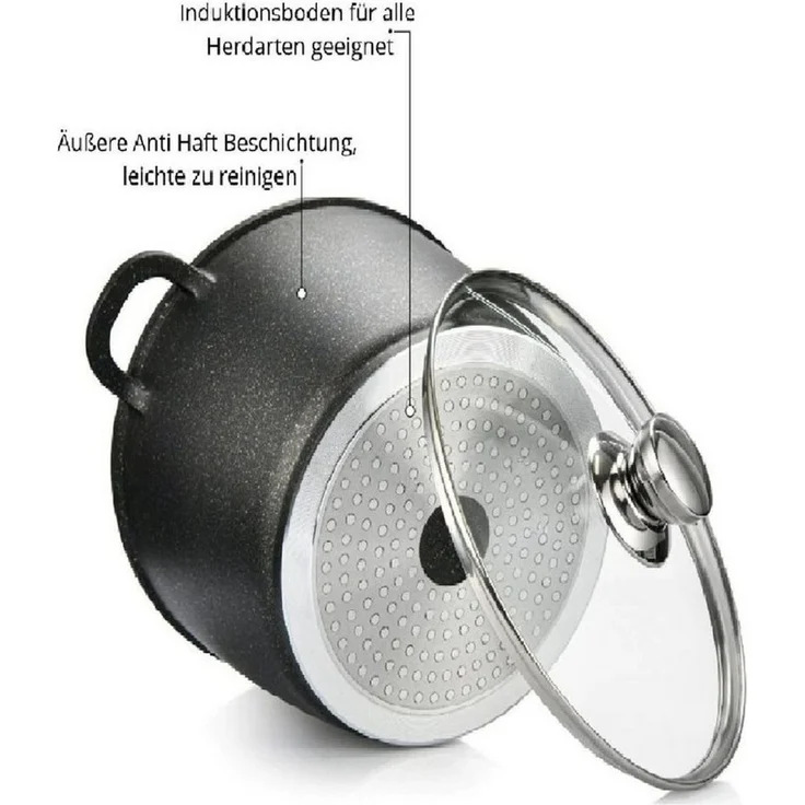 XXL Kochtopf Kasserolle Topf Set 6-tlg schwarz Glasdeckel Cheffinger CF-DCS-01 – Bild 2