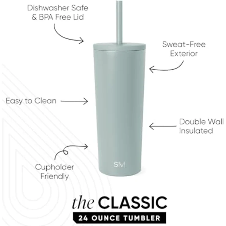 Simple Modern Thermobecher mit Strohhalm und Deckel | Trinkbecher mit Henkel Wiederverwendbare Edelstahl | Geschenke für Frauen und Männer | Classic | 710ml | Sea Glass Sage – Bild 2