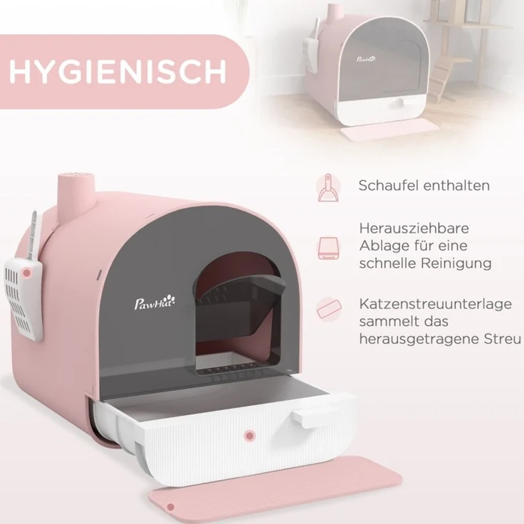 Katzentoilette 43 x 44 x 47 cm mit Deckel, Streufach und Schmutzfangmatte, Rosa – Bild 7