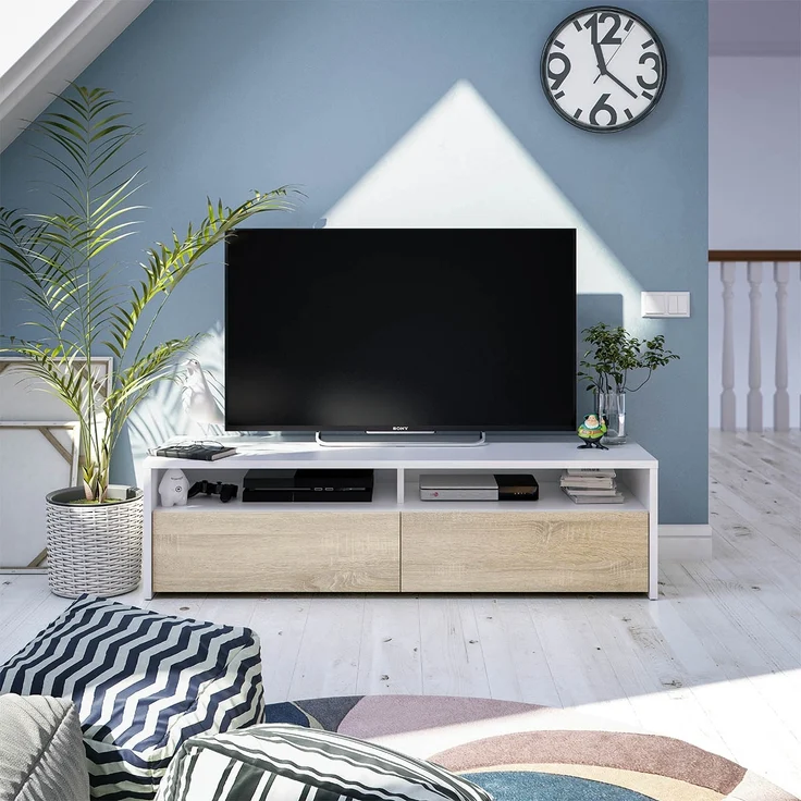 Wohnzimmer-TV-Ständer mit zwei Türen mit Vasistas-Öffnung und zwei kleinen Fächern, weiße Farbe mit eichenfarbenen Türen, Maße 130 x 36 x 40 cm – Bild 10